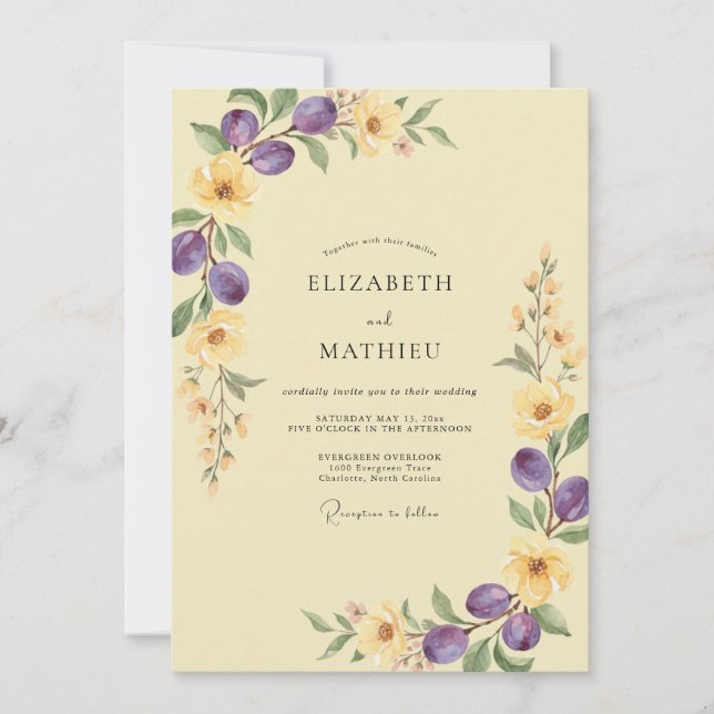 Pale Yellow Plum Olive Eucalyptus Wedding Invitation (Front)