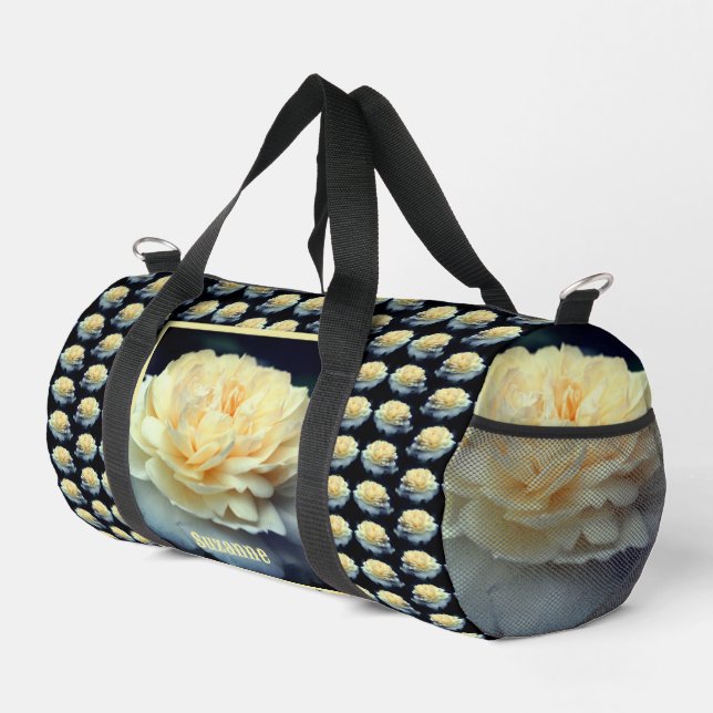 Pale Yellow Rose In Bloom Mirror Personalised Duffle Bag (Right Corner)