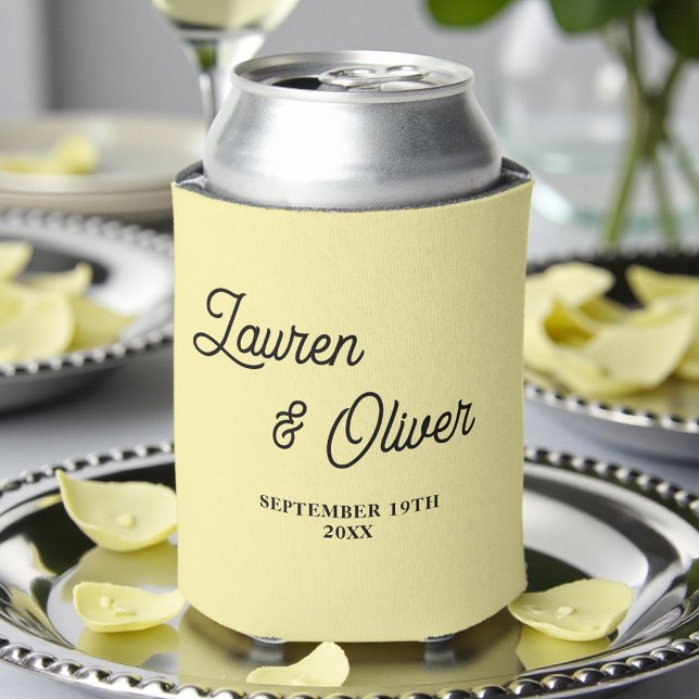 Pale Yellow Script Minimalist Wedding Can Cooler (Creator Uploaded)