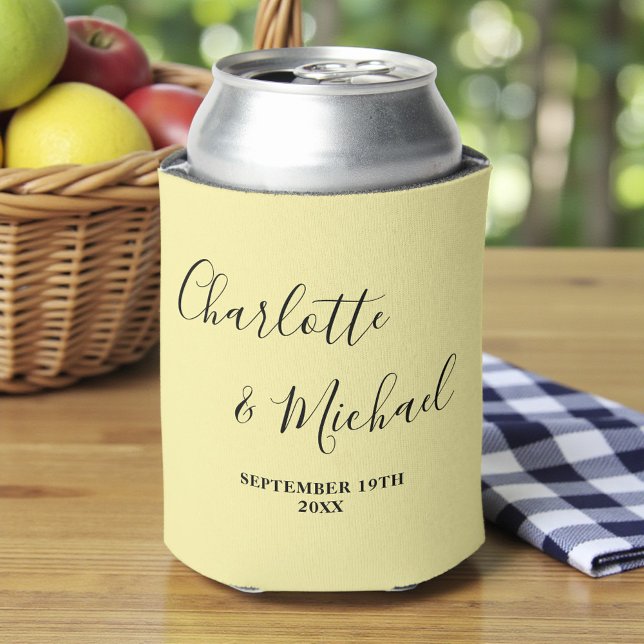 Pale Yellow Script Minimalist Wedding Can Cooler (Creator Uploaded)