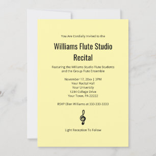 Pale Yellow Simple Treble Clef Flute Music Recital Invitation