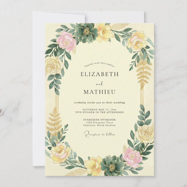 Pale Yellow Succulent Eucalyptus Wedding Invitation (Front)