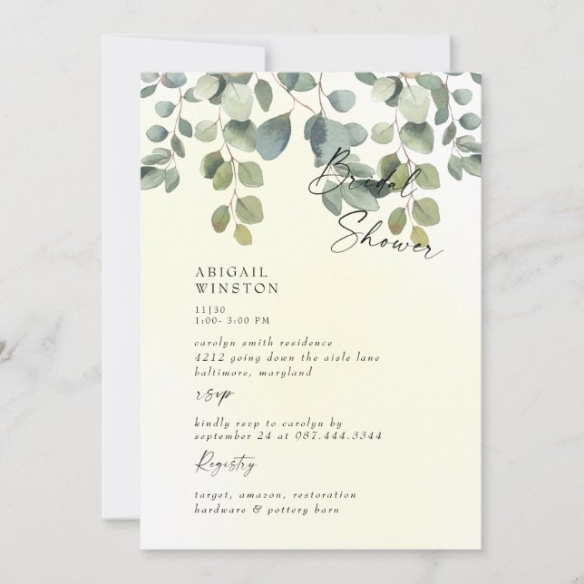 Pale Yellow Swash Eucalyptus Bridal Shower  Invitation (Front)
