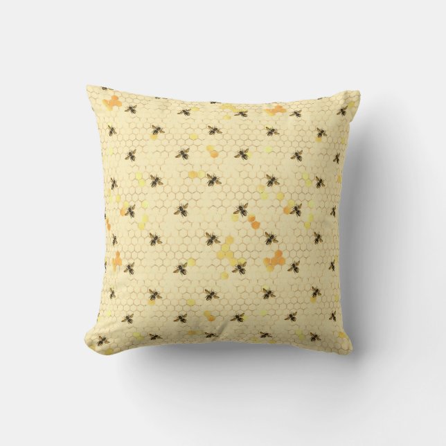 Pale Yellow Trendy, Honey Bee, Honey Comb Pattern Cushion (Front)
