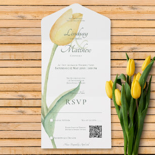 Pale Yellow Tulip Solo Pink Modern QR Code All In One Invitation