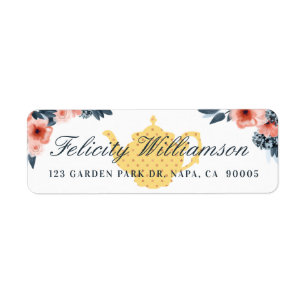 Pale Yellow Vintage Tea Pot & Floral Pink Flowers Return Address Label