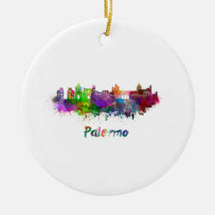 Palermo skyline in watercolor ceramic tree decoration