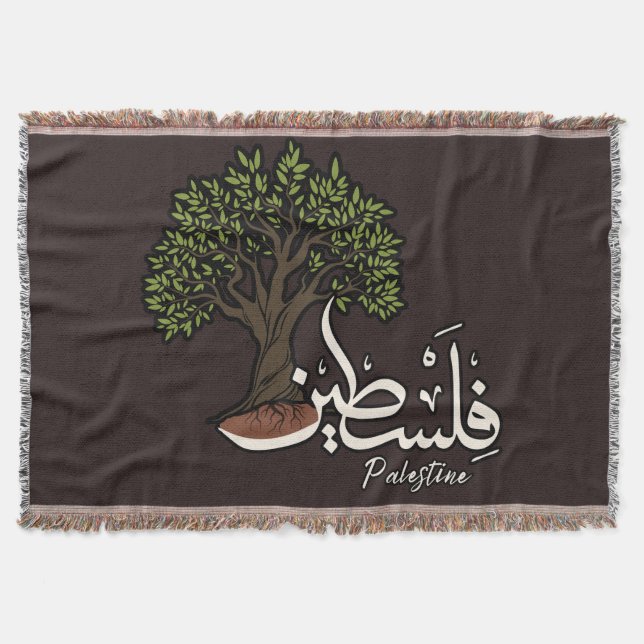 Palestine Arabic word with Palestinian Olive Tree  Throw Blanket (Front)