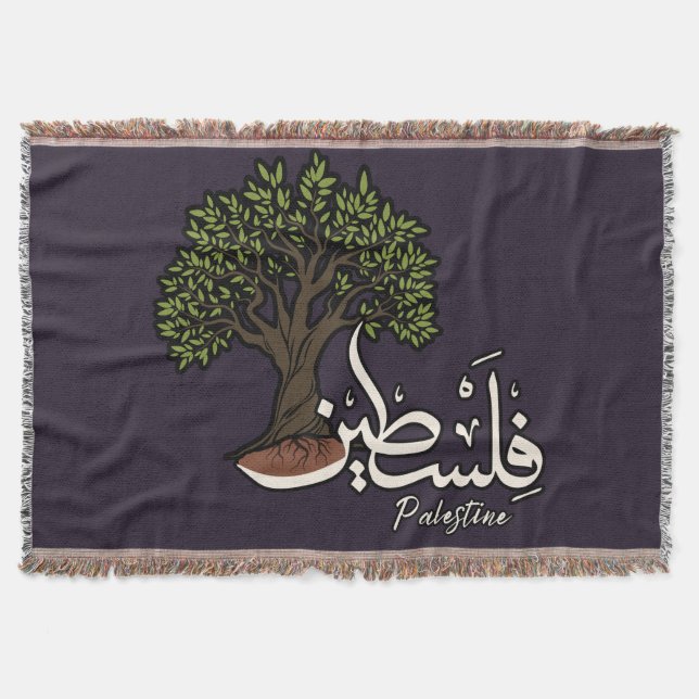 Palestine Arabic word with Palestinian Olive Tree  Throw Blanket (Front)