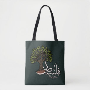 Palestine Arabic word with Palestinian Olive Tree Tote Bag
