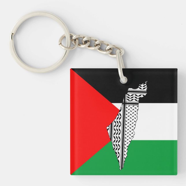  Palestine Flag and Map with Keffiyeg Pattern Key Ring (Front)