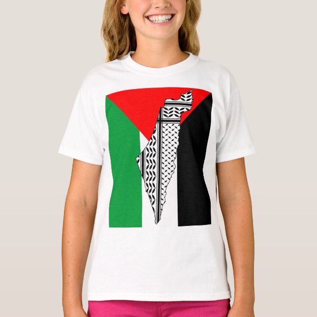 Palestine Flag and Map with Keffiyeg Pattern T-Shirt (Front)