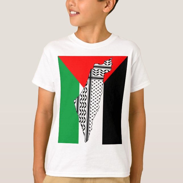 Palestine Flag and Map with Keffiyeg Pattern T-Shirt (Front)