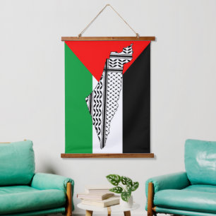 Palestine Flag and Map with Keffiyeg Traditional P Hanging Tapestry