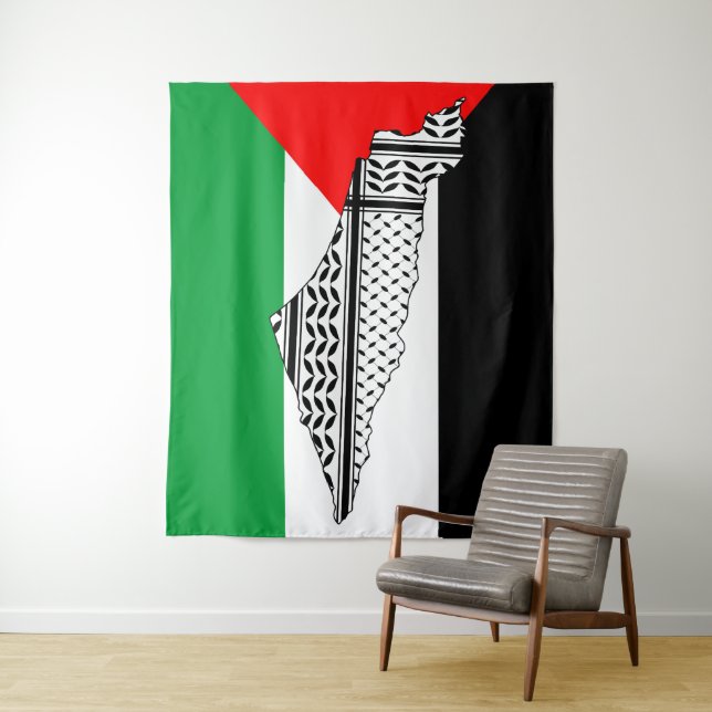 Palestine Flag and Map with Keffiyeh Pattern Tapestry (In Situ)