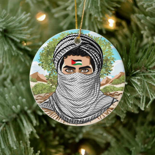 Palestine Freedom Fighter Portrait Ceramic Ornament (Tree)
