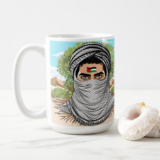 Palestine Freedom Fighter Portrait Coffee Mug (With Donut)