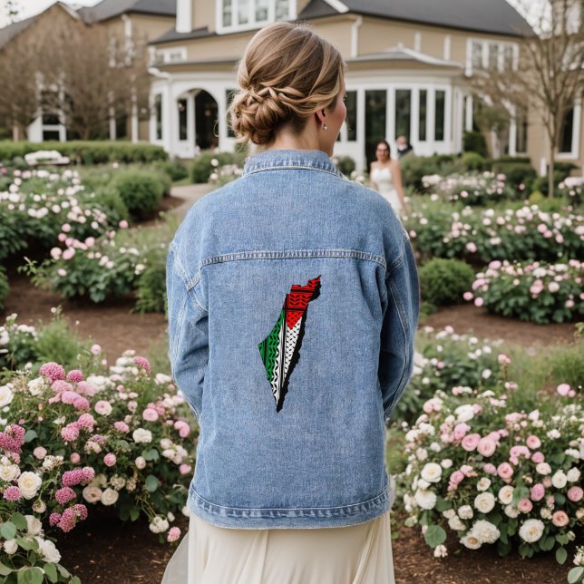 Palestine Map whith Flag and Keffiyeg Pattern Denim Jacket (Wedding Back)