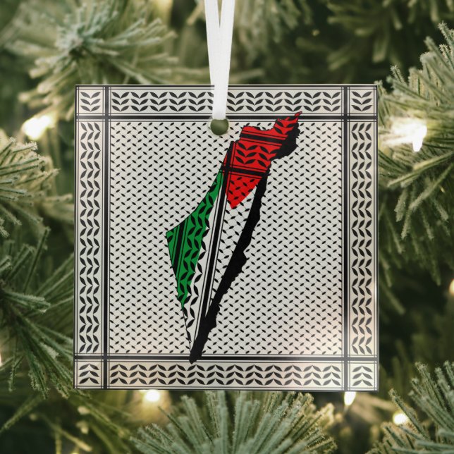 Palestine Map whith Flag and Keffiyeg Pattern Glass Tree Decoration (Insitu)