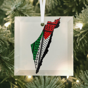 Palestine Map whith Flag and Keffiyeg Pattern Glass Tree Decoration