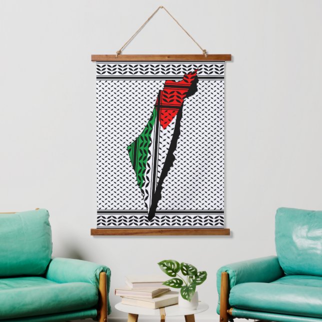 Palestine Map whith Flag and Keffiyeg Pattern Hanging Tapestry (Living Room)
