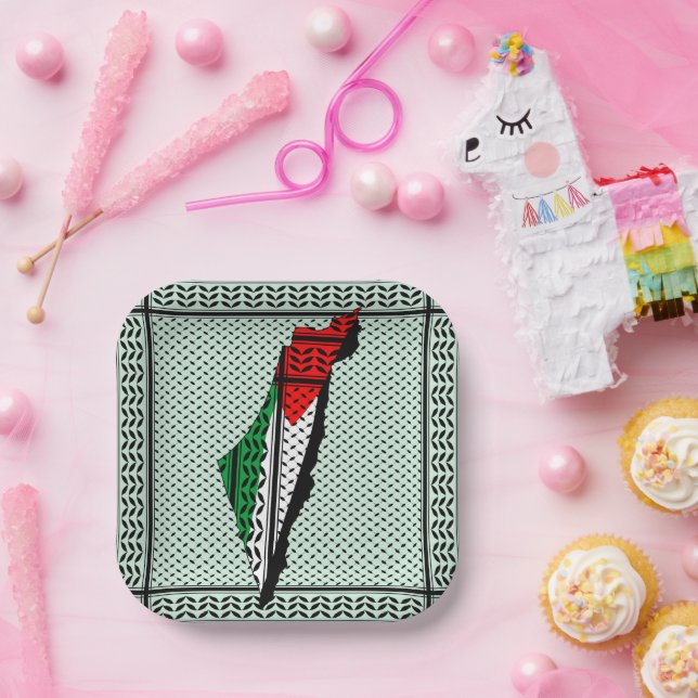 Palestine Map whith Flag and Keffiyeg Pattern Paper Plate (Party)