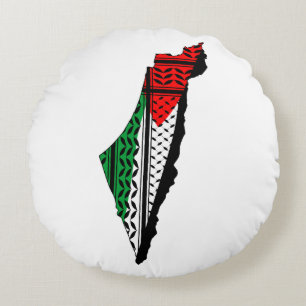 Palestine Map whith Flag and Keffiyeg Pattern Round Cushion
