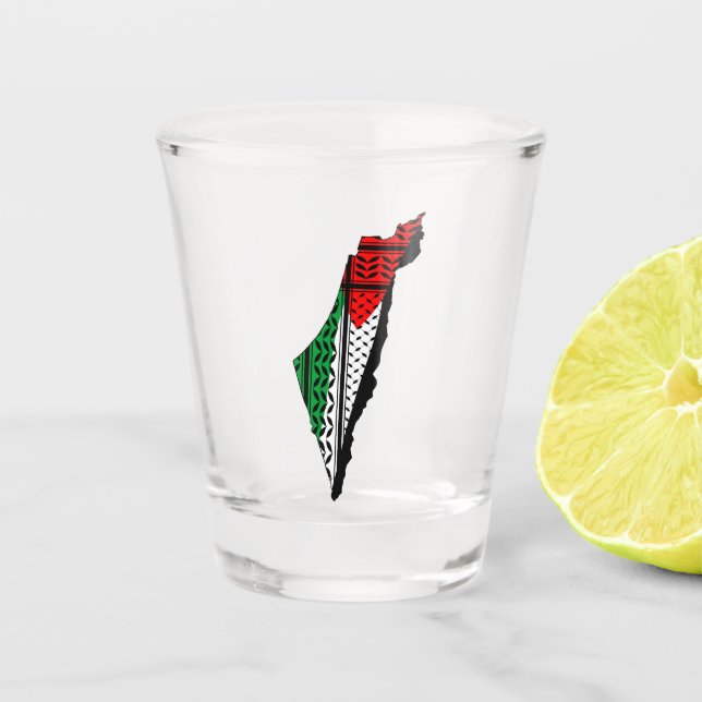Palestine Map whith Flag and Keffiyeg Pattern Shot Glass (Front)
