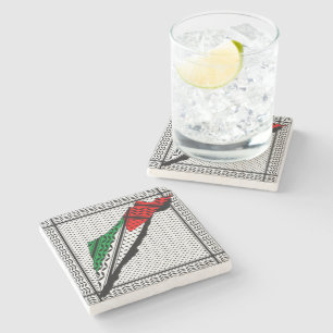 Palestine Map whith Flag and Keffiyeg Pattern Stone Coaster
