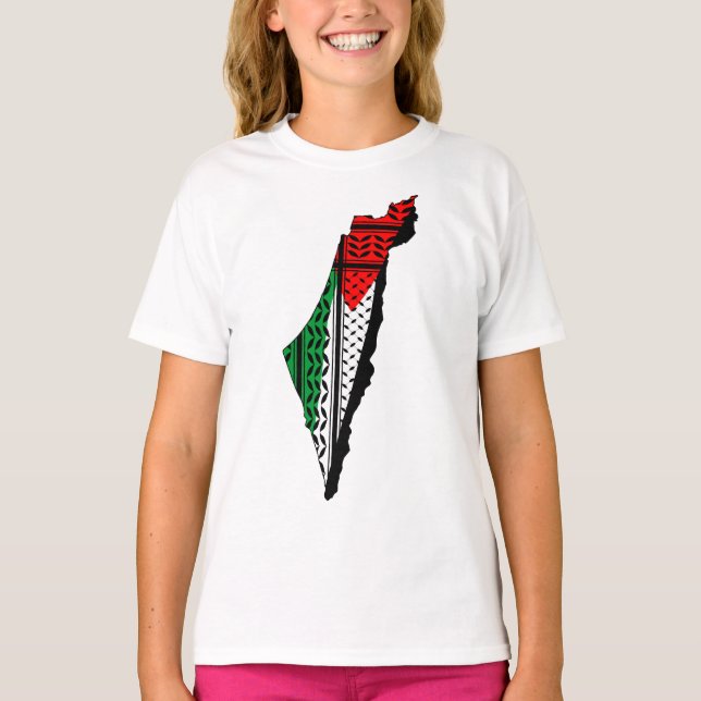 Palestine Map whith Flag and Keffiyeg Pattern T-Shirt (Front)
