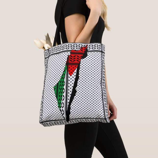Palestine Map whith Flag and Keffiyeg Pattern Tote Bag (Close Up)