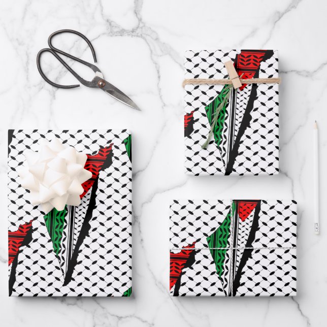Palestine Map whith Flag and Keffiyeg Pattern Wrapping Paper Sheet (Front)