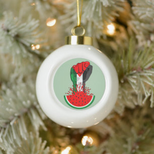 Palestine resistance fist on Watermelon Ceramic Ball Christmas Ornament