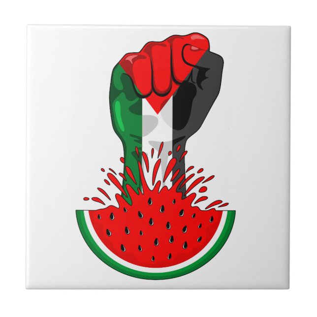 Palestine resistance fist on Watermelon Ceramic Tile (Front)