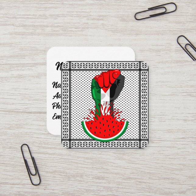 Palestine resistance fist on Watermelon Square Business Card (Front/Back In Situ)