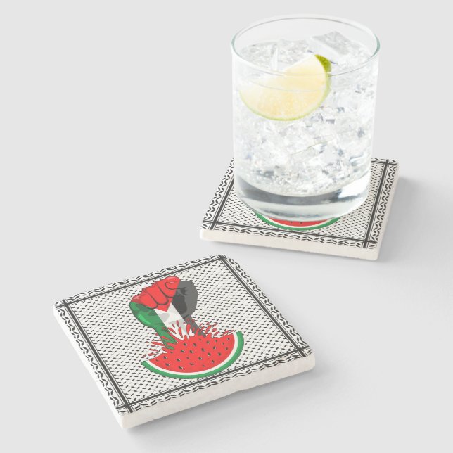 Palestine resistance fist on Watermelon Stone Coaster (Side)