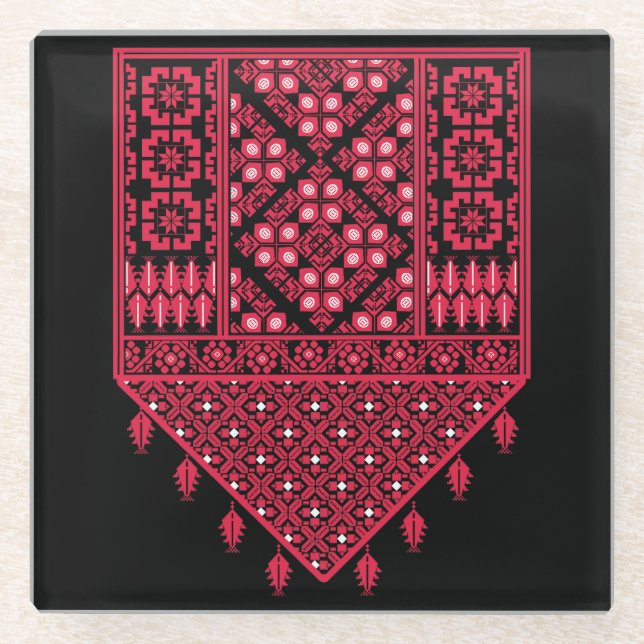 Palestinian Embroidery Tatreez printed design Glass Coaster (Front)