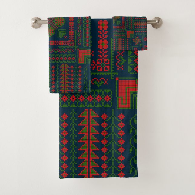 Palestinian Embroidery Tatreez red green 5 Pattern Bath Towel Set (Insitu)