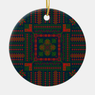 Palestinian Embroidery Tatreez red green 5 Pattern Ceramic Ornament