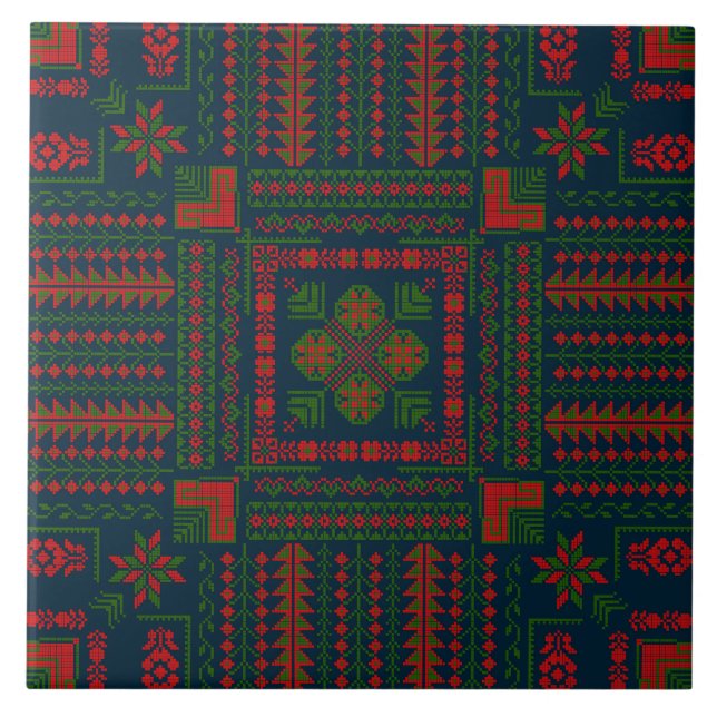 Palestinian Embroidery Tatreez red green 5 Pattern Ceramic Tile (Front)