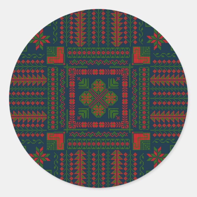 Palestinian Embroidery Tatreez red green 5 Pattern Classic Round Sticker (Front)