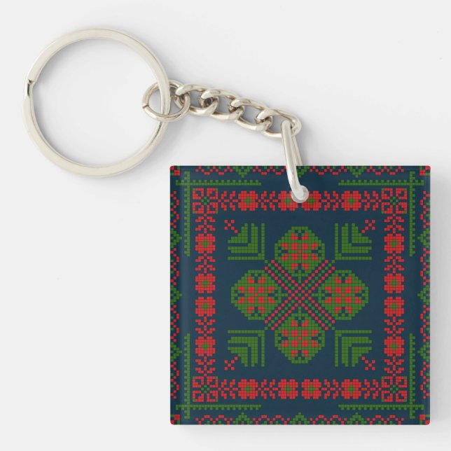 Palestinian Embroidery Tatreez red green 5 Pattern Key Ring (Front)