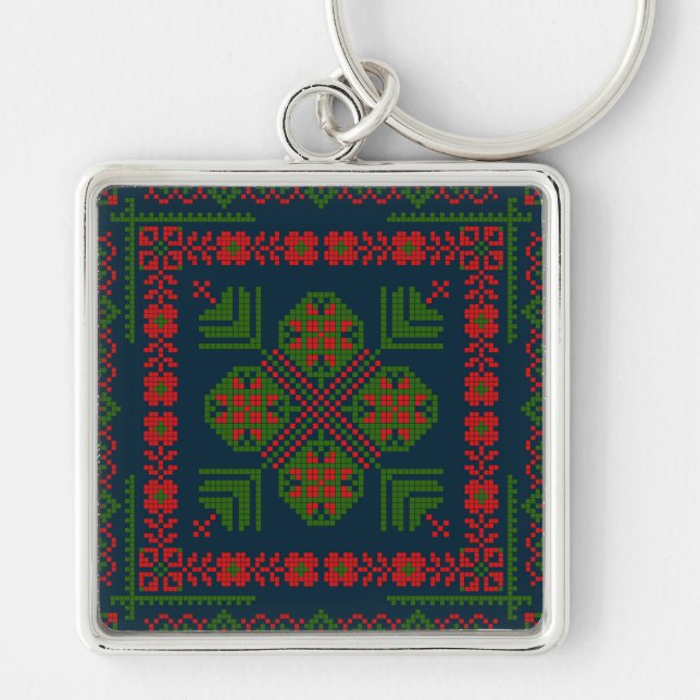 Palestinian Embroidery Tatreez red green 5 Pattern Key Ring (Front)