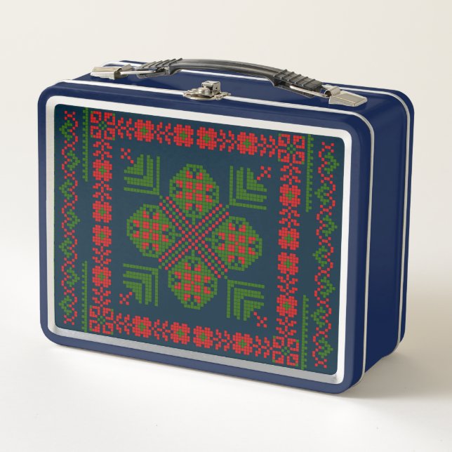Palestinian Embroidery Tatreez red green 5 Pattern Metal Lunch Box (Front)