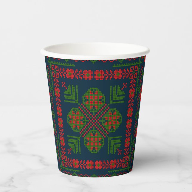 Palestinian Embroidery Tatreez red green 5 Pattern Paper Cups (Front)