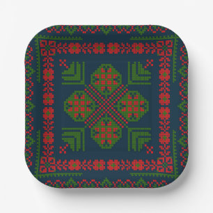 Palestinian Embroidery Tatreez red green 5 Pattern Paper Plate