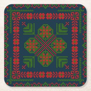 Palestinian Embroidery Tatreez red green 5 Pattern Square Paper Coaster