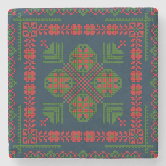 Palestinian Embroidery Tatreez red green 5 Pattern Stone Coaster (Front)