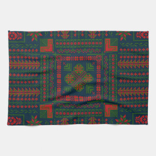 Palestinian Embroidery Tatreez red green 5 Pattern Tea Towel