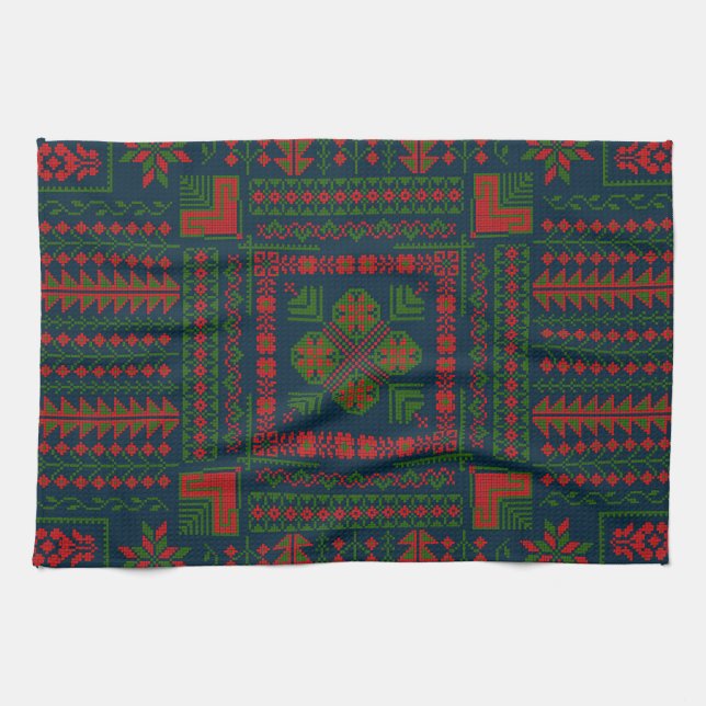 Palestinian Embroidery Tatreez red green 5 Pattern Tea Towel (Horizontal)